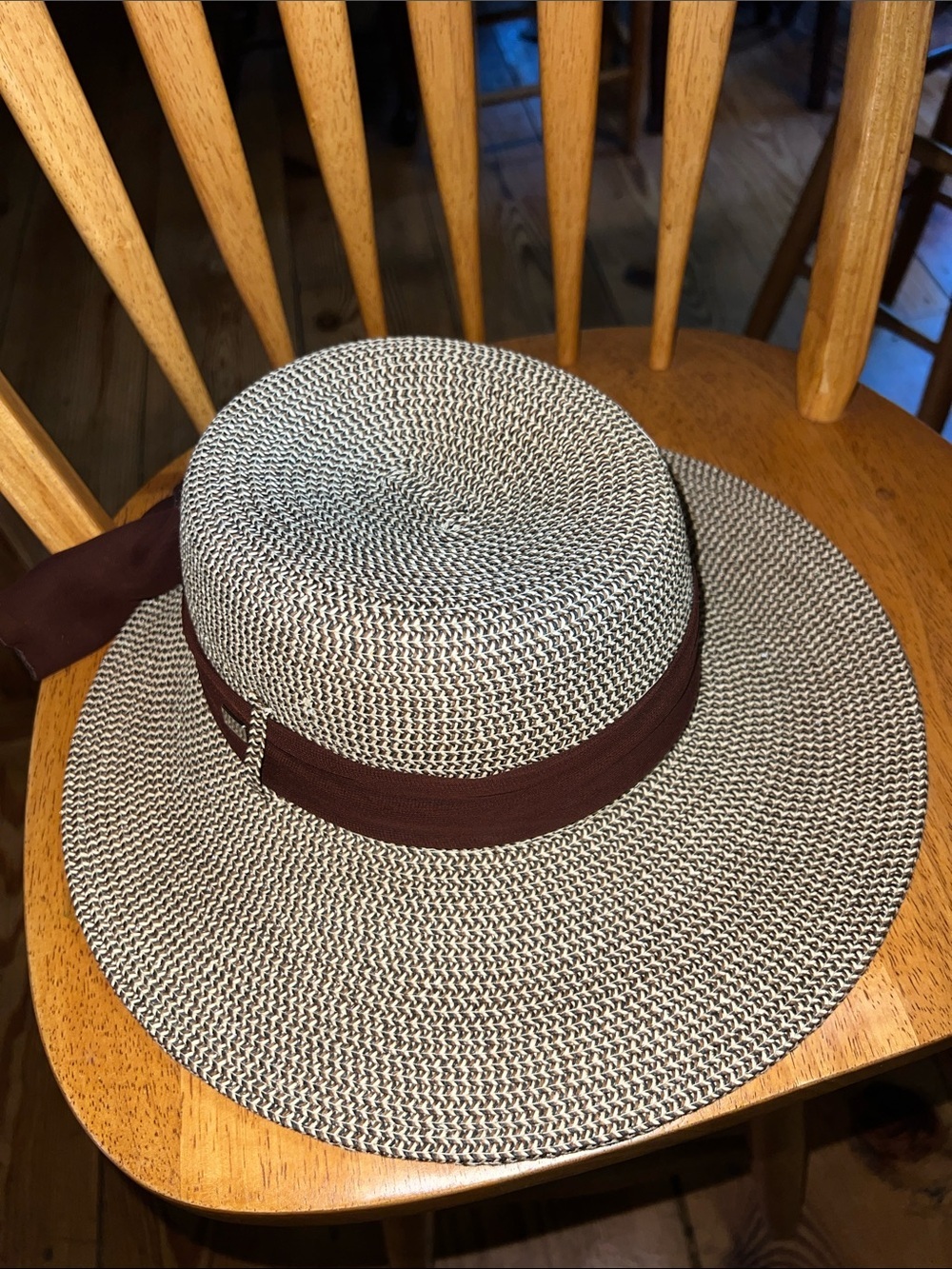 Wide Brim Straw Sun Hat with Brown Band M/L